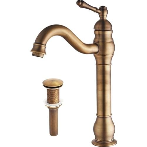 IMPEU 360° Swivel Spout Bathroom Vessel Sink Faucet with Drain Brass Single Handle Lever Mixer Tap, 2515AB Antique Brass