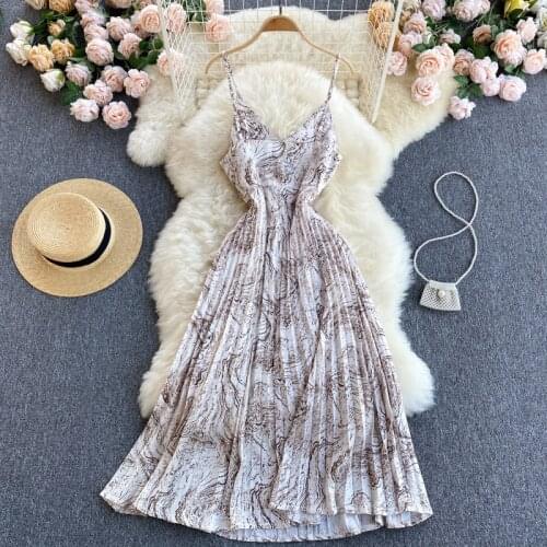 WEIHAOBANG 2021 New Summer Womens Spaghetti Strap V-neck Slim Mid Length Chiffon Dress Ladys Pleated Sexy Holiday Dress