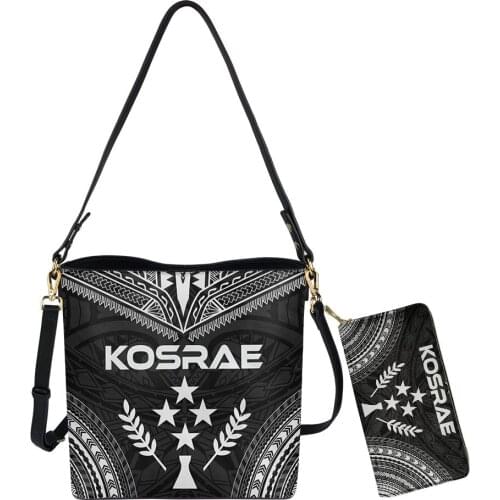 Noisydesigns Polynesian Kosrae Tribal Print PU Leather Women Bucket Bag And Purse 2pcs Set Luxury Messenger Sac Mujer