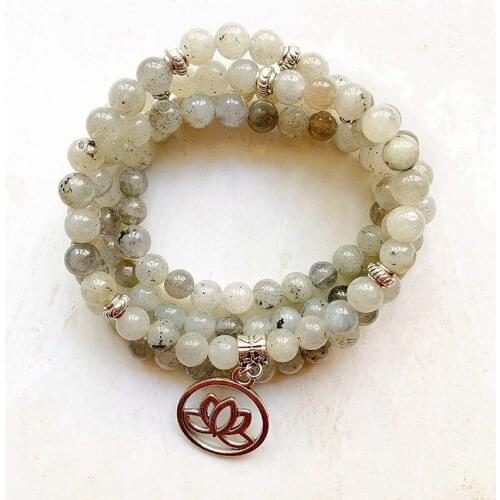 Natural Labradorite Stone Prayer Beads Mala 108 Beads Bracelet Meditation Mala Necklace Lotus Tibetan Silver Beads Craft 1pc