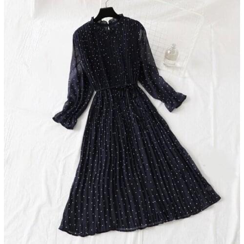 2020 Spring Autumn Clothes Women Party Dress Pleated Chiffon Elegant Female O-Neck Long Sleeve Dot Dress Vestidos JW9656