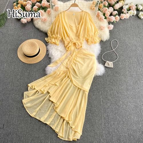 2021 summer new women V-neck puff sleeve dot chiffon shirt + high waist irregular fishtail skirt suit female two piece sets
