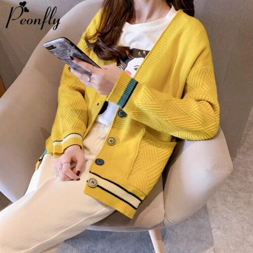 PEONFLY Korean Style New 2020 Spring Knitted Cardigans Loose Casual Single Breasted Thick Sweater Jumpers Women Coat Yellow Blue