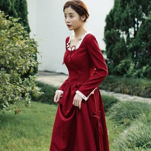 Spring Autumn Women Court Style Vintage Retro Lace Elegant Ladies Slim Corduroy Sexy Slit Wine Red Long Dress Women Clothes 2020