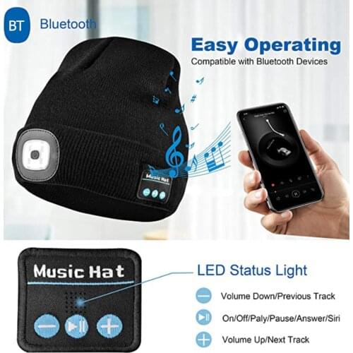 Winter Hat Bluetooth Music LED Light Hat Sports Running Wireless Headphones Cap Warm Knitted Hat Headset Rechargeable Smart Cap