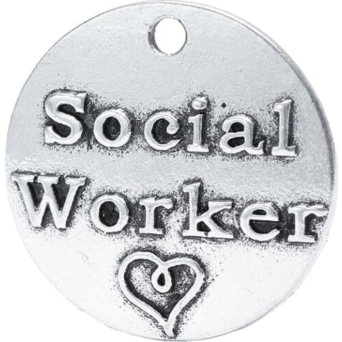 High Quality 20 Pieces/Lot Diameter 25mm Letter Embossed Social Worker Round Disc Metal Words Charm Pendant For Diy Making