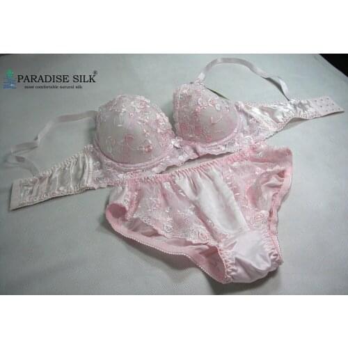 C Cup Women Bra Set Lacy Underwire Thinly Padded 100% Pure Silk Lingerie Set (32C 34C 36C 38C 40C 42C)