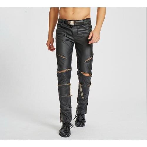 Zipper personality fashion motorcycle faux leather pants mens feet pants thin pu trousers for men pantalon homme Elasticity