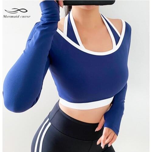 Autumn Fake Two Piece Halter Design Women Gym Dance Training Top With Chest Pad Sexy Yoga Running Long Sleeve Quick Dry T Shirts