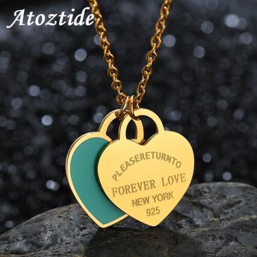 Atoztide Charm Stainless Steel Enamel Double Heart Necklace For Women Brand Engraved Forever Love Letter Chain Necklace