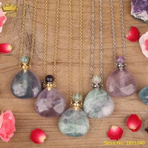 Natural Rainbow Fluorite Stone Heart Shape Perfume Bottle Pendant Classic Women Gold Gemstones Diffuser Vials Necklace Jewelry