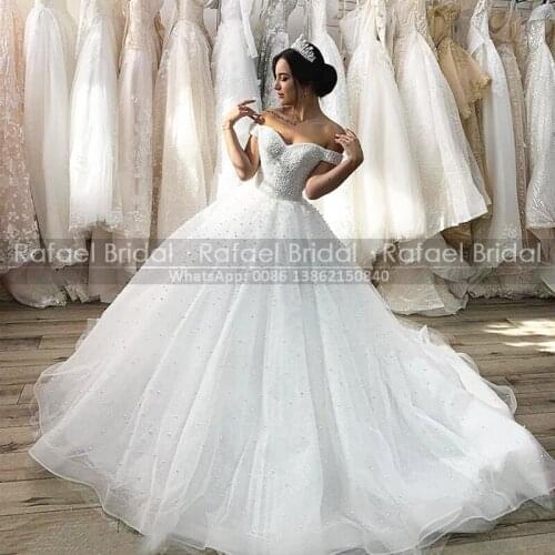 Luxury Pearls Puffy Wedding Dress Elegant 2021 White Tulle Sweetheart Long Train Off Shoulder Ball Gown Bridal Dresses