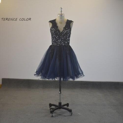 Sexy V-neck Lace Appliques Beading Tulle Short Prom Dresses Evening Gown Cocktail Dress