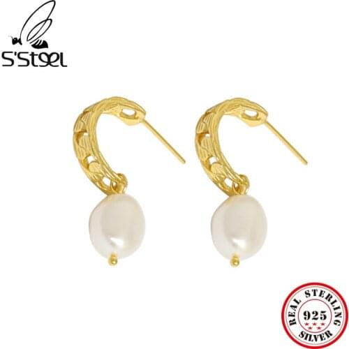 SSTEEL Freshwater Pearl Drop Earrings Gift For Women 925 Sterling Silver Earring Gold Trendy Earings Geometric Earing Jewelry