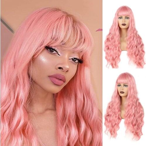 Synthetic Pink Long Kinky Curly Wavy Hair Womens Wigs With Neat Bangs Heat Resistant Cosplay Wigs for Girl
