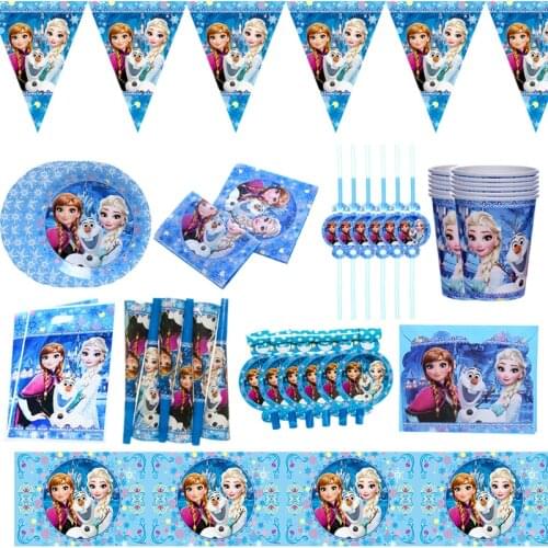 Disney Blue Frozen Princess Snow Queen Theme Happy Birthday Party Decor Kids Girl Party Supplies Decoration Tableware Set