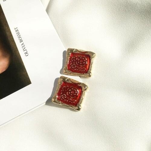 TARCLIY Retro Palace Style Square Drip Glaze Stud Earring Metal Flower Texture Enamel Earring Temperament Women Party Jewelry