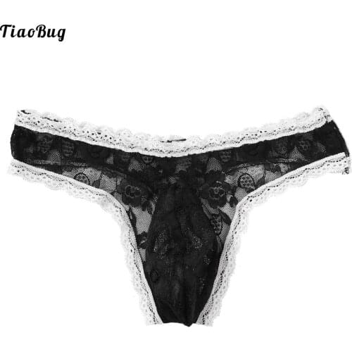 TiaoBug Sissy Bulge Pouch See-Through Lace Swimming Briefs Floral Pattern G-String Bathing Underwear Underpants