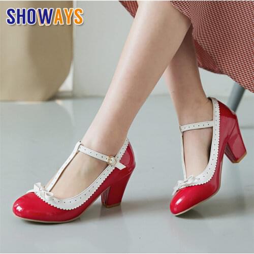 Sweet Bowtie Mary Janes 7cm High Chunky Heel Women Pumps Red Pink White Patent Leather Casual Office Lady Round Toe Lolita Shoes