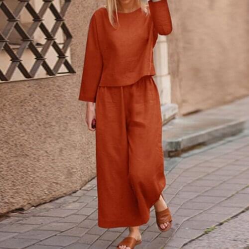 Spring and autumn two-piece cotton and linen womens elegant O-neck blouse elastic waist casual wear retro pocket Harajuku suit