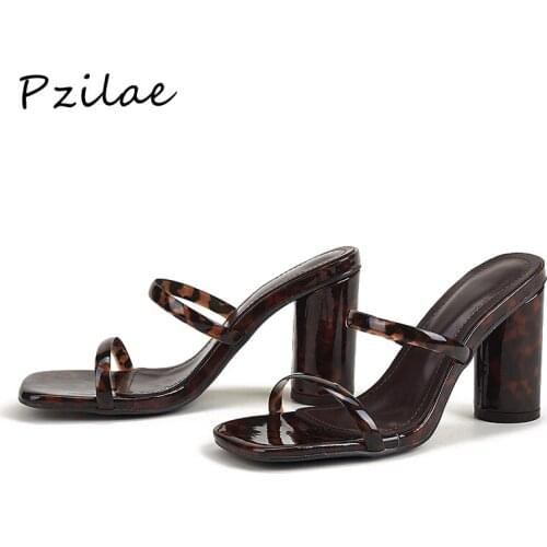 Pzilae Shiny Mixed Color High Heels Summer Womens Sandals 2021 Square Toe Slip On Slides Shoes Female Concise Slippers New
