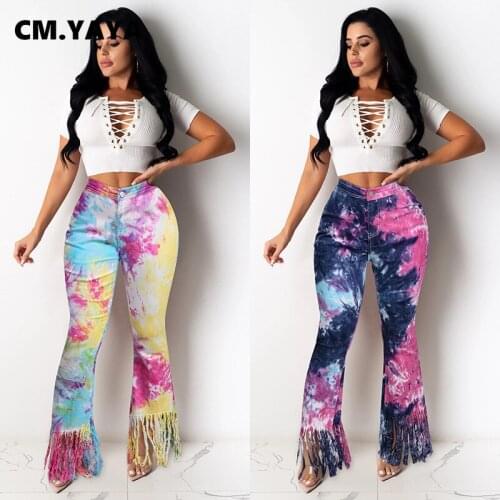 CM.YAYA Women Streetwear Tassel Flare Denim Pants Retro Sexy Jeans Skinny Tie Dye Cut Out Trousers Elegant Lady Jean Pants