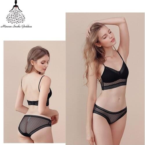 Womens Underwear Set Push Up Bra Sexy Underwear Backless Bralette Thin Lace Bralette Dots Mesh Lingerie Set Brassiere