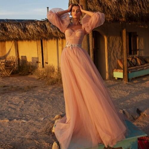 Eightree Pink Wedding Dresses Beach Boho Puff Sleeves 3D Flower Princess Bridal Dress Off The Shoulder Plus Size Wedding Gowns