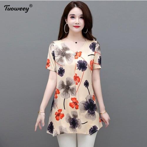 2021 New style Summer Middle Aaged Women Korean Chiffon O-Neck Blouse Tops Female Flower Print Fashion Loose Plus Size 4xl Shirt