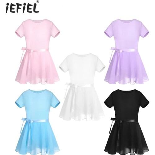 Girls Ballerina Cotton Short Sleeves Ballet Dance Dress Costume Gymnastics Leotard with Chiffon Tied Skirt Girls Clothes Outfits