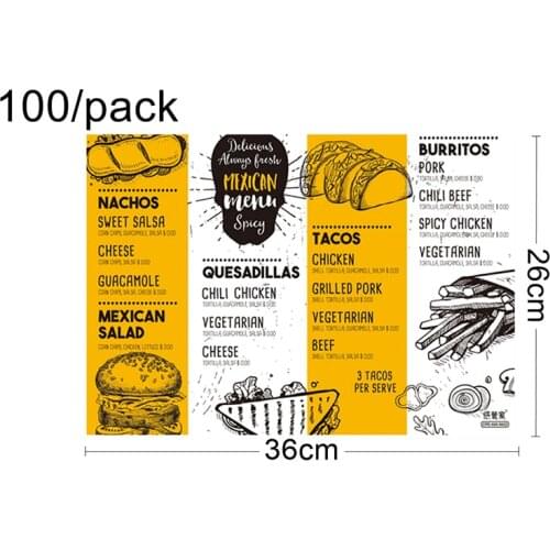 Free Shipping - Catering Supplies,Cheese French Fry Wax Take Out Bakery Menu Text Print Kraft Paper Food Wrap-36*26cm, 100/Pack