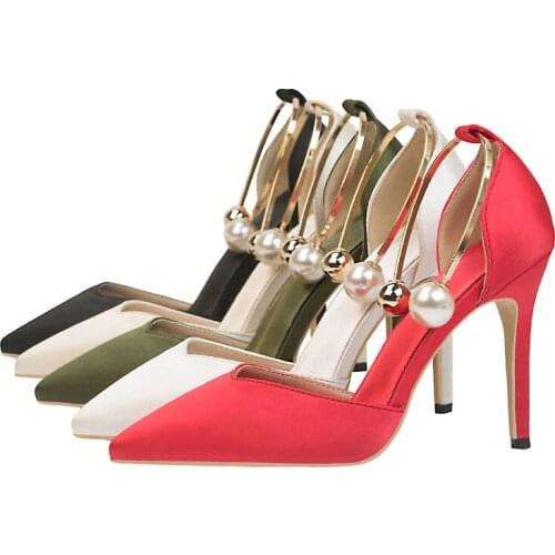 DDYZHY New Elegant Pearl Metal Buckle High Heels Women Sandals Korean Fashion Soft Silk Pointed Ladies Shoes Party Sandals Shall
