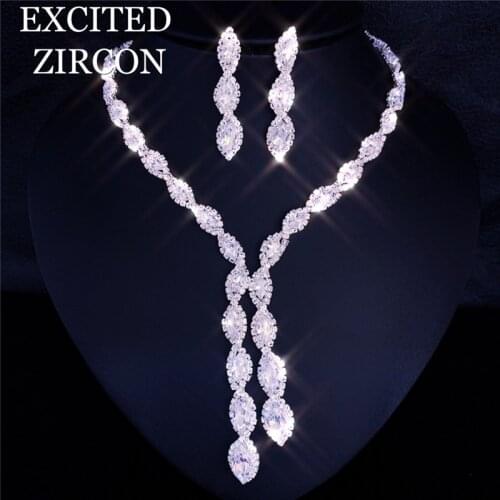 Elegant ladies wedding bride bridesmaid classic fashion jewelry set delicate round zircon rhinestone necklace earrings