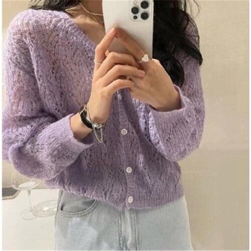 Cardigan Women V-neck Sexy Hollow Out Long Sleeve Single Breasted Sweet Solid Color Female Daily Thin Spring Autumn Breathable