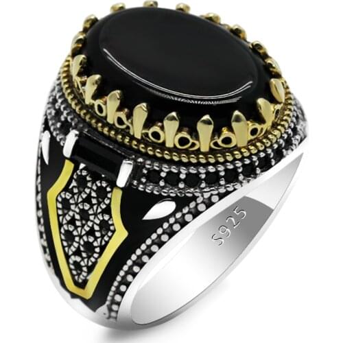 Natural Black Agate Stone Ring for Men 925 Sterling Silver Golden Crown King Male Ring Vintage Turkish Handmade Jewelry Gift