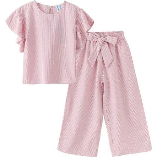 DFXD Teenager Girls 2 Piece Set Kids Fashion Summer Cotton Flare Sleeve Striped Shirt+Bowknot Wide Leg Pant Girls Clothing Set