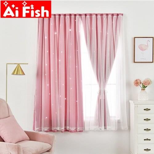 Korean Dream Pink Hollow Star Double-layer Curtain Gauze Window Treatments Self-adhesive Sunshade Paste Velcro For Bedroom #35