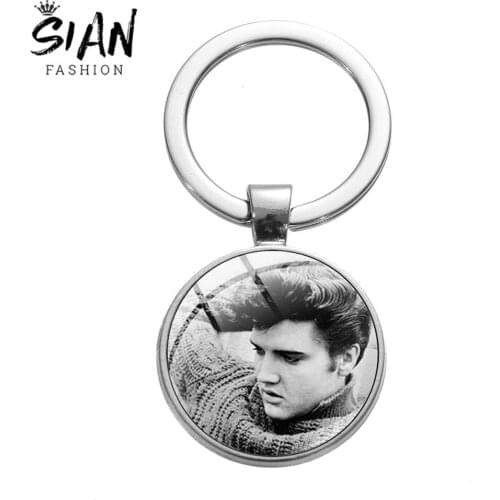 SIAN Hot Selling Vintage Elvis Presley Singer Keychain Silver Plated Art Rock Star Glass Dome Handmade Car Key Ring Accessories