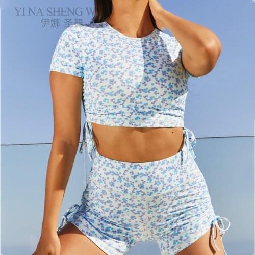 Small Flower Bandage Yoga Suit Printing Exercise Short sleeve Shirts Sexy Gym Sweat Sport Workout Running Fitness Set Sportswear