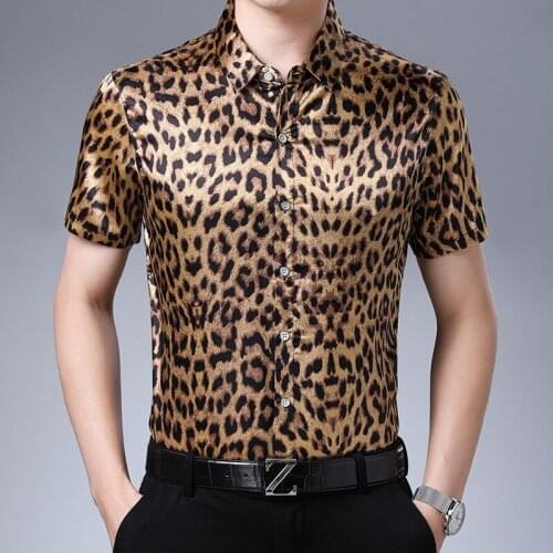 Mens Silk Satin Leopard Printed Shirt Male Slim Fit Short Sleeve Print Casual Party Club Shirts Tops M-3XL