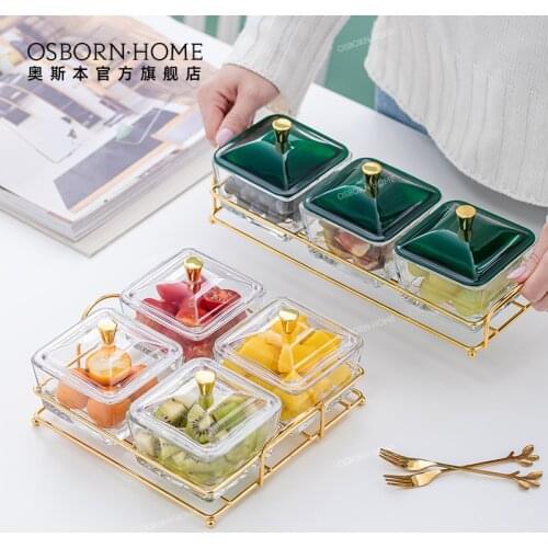OSBORN 2021 New Style Wholesale Decorative Gold Glass Serving Snack Bowls Dishes Set Of 4 With Grids Tray With Plastic Lid