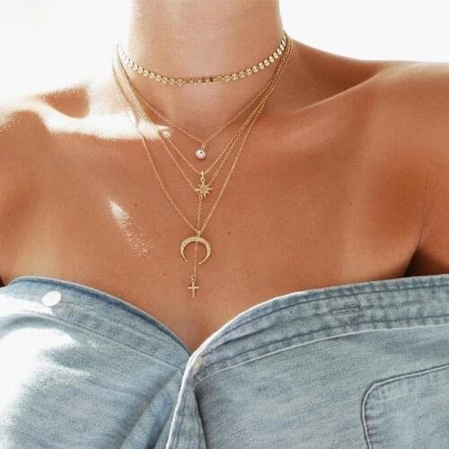 Gold color Choker Necklace for women 5 Layers eye cross star Pendant Chain Necklaces & Pendants velvet chokers Fashion Jewelry