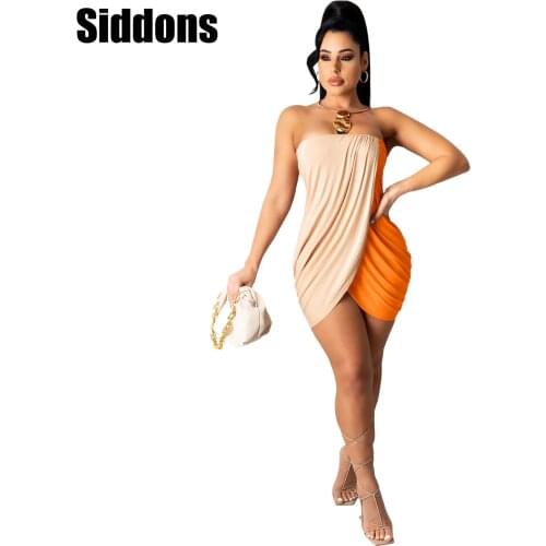 Sexy Women Color Contrast Patchwork Maxi Dress Summer One-Word Bandeau Slit Pleated Dress