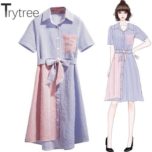 Trytree Summer Autumn Casual Asymmetrical Striped Dress Women Belt Bow Turn-down Collar shirt Dress A-line Office Lady Dresses