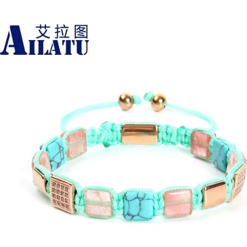 Ailatu 10pcs/lot Clear Cz Square Pave Setting Beads Braided Adjustable Bracelet Custom Luxury Women Men Jewelry