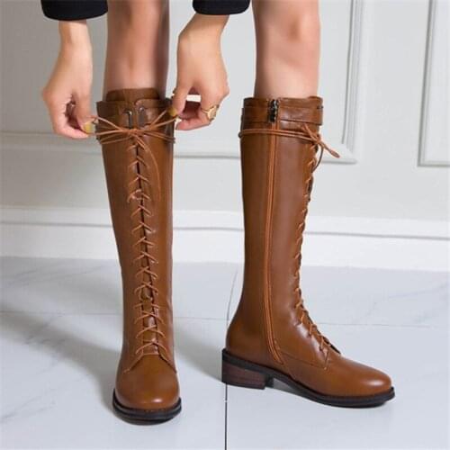 PXELENA Plus Size 34-43 Women Military Army Riding Knight Knee High Boots Med Heels Lace Up Zip Motorcycle Biker Shoes Winter