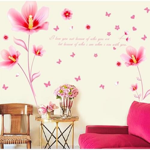 Romantic Pink Flowers Wall Stickers PVC Butterfly Vinyl Decals Living Room Bedroom Home Decor Removable Murals art Posters