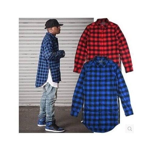 Mens Streetwear Tyga Plaid Shirt Cotton Blouse With Extend Back and Gold Side Zip Fashion Hip Hop Streetwear For Men