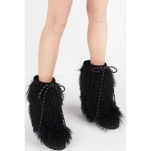 New Winter Girls Black Full Wool Fur Thick Heel Short Boots Woman Round Toe 100 mm Hidden Wedge Heel Slip On Snow Boots Lady