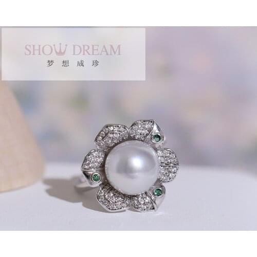SHOWDREAM Trendy S925 Silver Zircon Rings atural Seawater Pearl Ring Open Adjustable Ring Fashion Jewelry Gifts